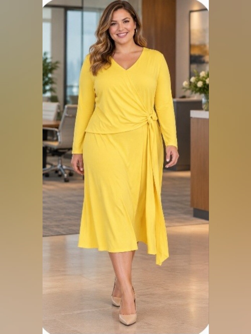 Passion of Essence Yellow Faux Wrap Tie Waist Long Sleeve Midi Dress NWT 2X